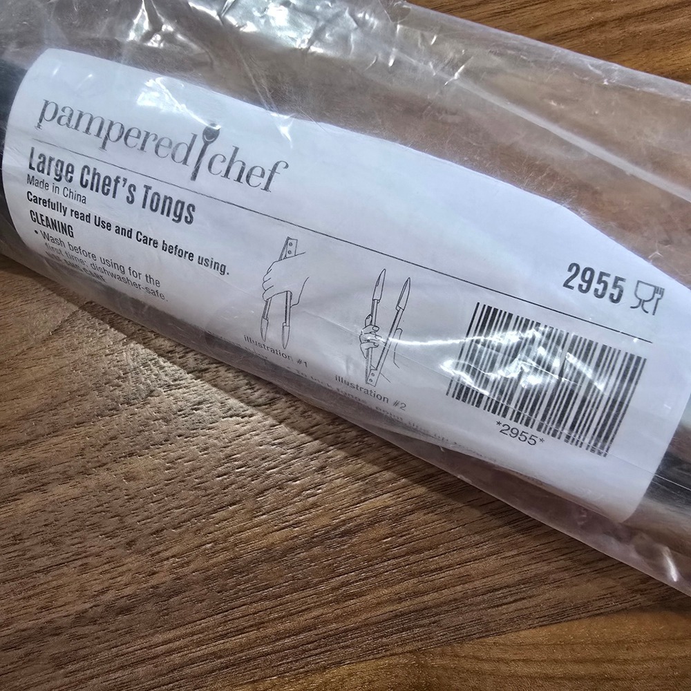 Pampered Chef Large Chef's Tongs 2955 Stainless Steel Silicone Black Silver NEW